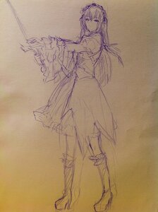 Rating: Safe Score: 0 Tags: 1girl boots dress full_body hairband image knee_boots long_hair long_sleeves looking_at_viewer monochrome sketch solo standing suigintou wide_sleeves User: admin