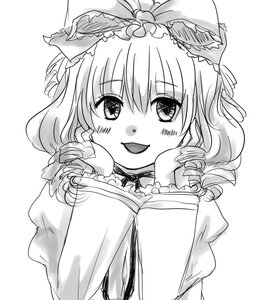 Rating: Safe Score: 0 Tags: 1girl blush drill_hair eyebrows_visible_through_hair greyscale hair_ribbon hinaichigo image kagiyama_hina long_hair long_sleeves looking_at_viewer monochrome open_mouth puffy_sleeves ribbon smile solo striped upper_body User: admin