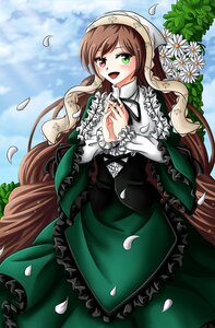 Rating: Safe Score: 0 Tags: 1girl :d brown_hair cloud corset dress flower frills green_dress green_eyes head_scarf heterochromia image long_hair long_sleeves looking_at_viewer open_mouth outdoors petals plant red_eyes sky smile solo suiseiseki very_long_hair watering_can User: admin