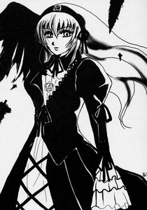 Rating: Safe Score: 0 Tags: 1girl dress frills greyscale image juliet_sleeves long_sleeves looking_at_viewer monochrome puffy_sleeves ribbon rose solo standing suigintou User: admin