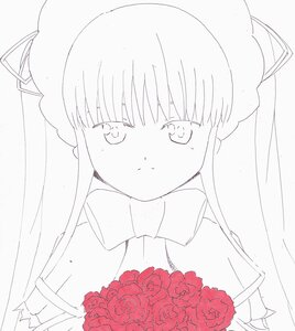 Rating: Safe Score: 0 Tags: 1girl bangs blush bouquet bridal_veil closed_mouth eyebrows_visible_through_hair flower image lineart long_hair looking_at_viewer monochrome red_flower red_rose rose shinku solo upper_body veil User: admin