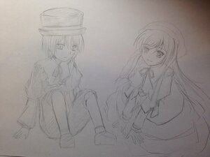 Rating: Safe Score: 0 Tags: 2girls dress hat image long_hair long_sleeves looking_at_viewer monochrome multiple_girls pair short_hair sketch souseiseki suiseiseki traditional_media User: admin