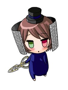 Rating: Safe Score: 0 Tags: 1girl brown_hair chibi full_body green_eyes hat heterochromia image mini_hat polearm red_eyes short_hair simple_background solo souseiseki standing top_hat weapon white_background User: admin