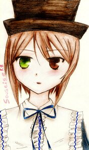 Rating: Safe Score: 0 Tags: 1girl blue_neckwear blush frills green_eyes hat image looking_at_viewer red_eyes ribbon short_hair simple_background solo souseiseki white_background User: admin