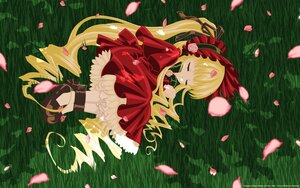 Rating: Safe Score: 0 Tags: 1girl blonde_hair bonnet bow cherry_blossoms closed_eyes dress flower image long_hair lying petals red_dress rose rose_petals shinku sleeping solo twintails User: admin