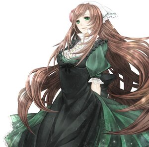 Rating: Safe Score: 0 Tags: 1girl arms_behind_back brown_hair dress frills green_dress green_eyes image long_hair looking_at_viewer short_sleeves solo suiseiseki very_long_hair white_background User: admin