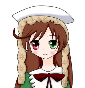 Rating: Safe Score: 0 Tags: 1girl bangs blush brown_hair closed_mouth dress eyebrows_visible_through_hair green_eyes hat heterochromia image long_hair looking_at_viewer neck_ribbon red_eyes ribbon simple_background smile solo suiseiseki white_background User: admin