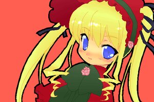 Rating: Safe Score: 0 Tags: 1girl blonde_hair blue_eyes blush dress flower image long_hair long_sleeves looking_at_viewer red_dress rose shinku simple_background solo upper_body User: admin