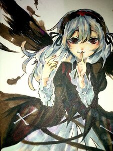 Rating: Safe Score: 0 Tags: 1girl black_ribbon black_wings dress feathers finger_to_mouth frills hairband image lolita_fashion lolita_hairband long_hair long_sleeves looking_at_viewer red_eyes ribbon rose silver_hair smile solo suigintou traditional_media wings User: admin