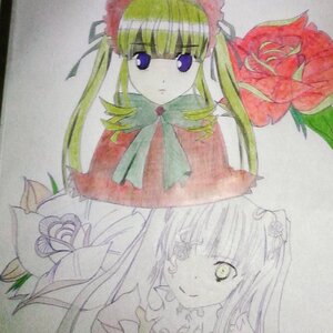 Rating: Safe Score: 0 Tags: 1girl blonde_hair blue_eyes bonnet bow bowtie dress flower green_bow green_neckwear image kirakishou long_hair long_sleeves looking_at_viewer pair red_dress rose shinku simple_background solo suigintou traditional_media white_background User: admin