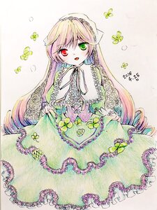 Rating: Safe Score: 0 Tags: 1girl blonde_hair dress flower frills green_dress green_eyes heterochromia image long_hair long_sleeves looking_at_viewer red_eyes smile solo suiseiseki traditional_media very_long_hair watercolor_(medium) User: admin