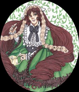 Rating: Safe Score: 0 Tags: 1girl black_border bow brown_hair dress frills green_dress image letterboxed lips lipstick lolita_fashion long_hair pillarboxed solo suiseiseki very_long_hair User: admin