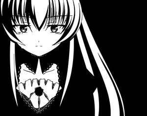 Rating: Safe Score: 0 Tags: 1girl blush choker closed_mouth collarbone dress greyscale image long_hair looking_at_viewer monochrome simple_background solo suigintou white_background User: admin