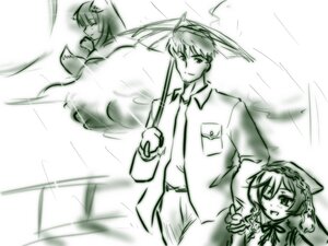 Rating: Safe Score: 0 Tags: 1boy 1girl ;d dress image long_sleeves monochrome motion_blur one_eye_closed open_mouth rain shirt smile solo suiseiseki User: admin