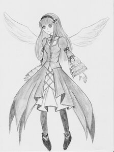 Rating: Safe Score: 0 Tags: 1girl boots dress feathered_wings full_body greyscale hairband image long_hair long_sleeves monochrome solo standing suigintou thighhighs traditional_media wings User: admin