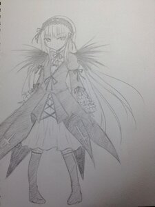 Rating: Safe Score: 0 Tags: 1girl dress feathered_wings full_body greyscale hairband image long_hair long_sleeves looking_at_viewer monochrome simple_background solo standing suigintou traditional_media very_long_hair wings User: admin