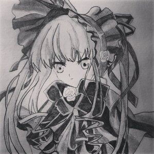 Rating: Safe Score: 0 Tags: 1girl bow closed_mouth dress flower greyscale image long_hair looking_at_viewer monochrome ribbon rose shinku solo traditional_media upper_body User: admin