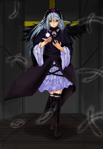 Rating: Safe Score: 0 Tags: 1girl black_wings boots dress feathers flower frills full_body hairband image long_hair long_sleeves looking_at_viewer red_eyes rose silver_hair solo suigintou very_long_hair wings User: admin