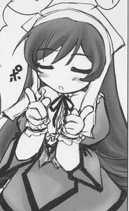 Rating: Safe Score: 0 Tags: 1girl blush closed_eyes dress greyscale image index_finger_raised long_hair monochrome neck_ribbon nun open_mouth pointing ribbon solo suiseiseki traditional_media User: admin