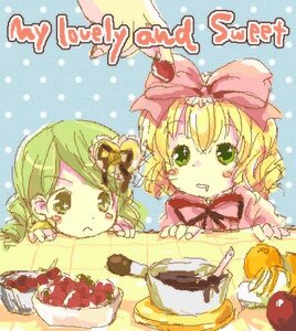 Rating: Safe Score: 0 Tags: 2girls blonde_hair bow food green_eyes green_hair hina_ichigo hinaichigo image kanaria multiple_girls pair pink_bow short_hair User: admin