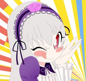 Rating: Safe Score: 0 Tags: 1girl ;q blush blush_stickers flower frills gothic_lolita hairband image lolita_fashion long_hair long_sleeves one_eye_closed rose silver_hair smile solo striped striped_background suigintou sunburst tongue tongue_out vertical_stripes User: admin
