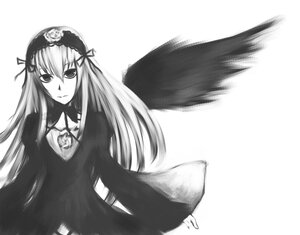 Rating: Safe Score: 0 Tags: 1girl bangs black_wings closed_mouth dress feathered_wings flower greyscale hairband image lolita_hairband long_hair long_sleeves looking_at_viewer monochrome ribbon rose simple_background solo suigintou upper_body very_long_hair white_background wings User: admin