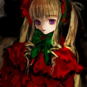 Rating: Safe Score: 0 Tags: 1girl bangs black_background blonde_hair bow bowtie dress flower green_bow image long_hair long_sleeves looking_at_viewer rose shinku simple_background solo twintails upper_body User: admin