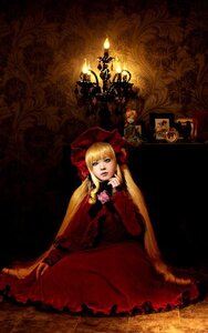 Rating: Safe Score: 0 Tags: 1girl blonde_hair blue_eyes bonnet dress flower long_hair red_dress rose shinku sitting solo twintails User: admin