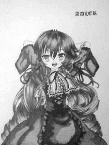 Rating: Safe Score: 0 Tags: 1girl auto_tagged blush dress drill_hair frills greyscale image long_hair long_sleeves looking_at_viewer monochrome open_mouth ribbon smile solo suiseiseki traditional_media User: admin