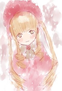 Rating: Safe Score: 0 Tags: 1girl bangs blonde_hair blush bonnet dress image long_hair long_sleeves looking_at_viewer rose shinku solo upper_body User: admin