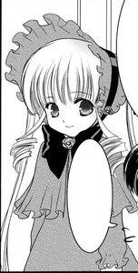 Rating: Safe Score: 0 Tags: 1girl bonnet bow bowtie dress drill_hair frills greyscale image long_hair long_sleeves looking_at_viewer monochrome shinku simple_background smile solo twin_drills white_background User: admin