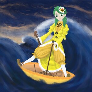 Rating: Safe Score: 0 Tags: 1girl cloud dress drill_hair flower green_eyes green_hair hair_ornament image instrument kanaria long_sleeves personification sky solo water User: admin