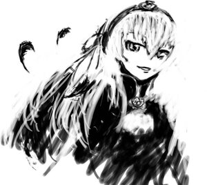 Rating: Safe Score: 0 Tags: 1girl dress feathers flower greyscale hairband image long_sleeves looking_at_viewer monochrome rose simple_background smile solo suigintou upper_body white_background User: admin