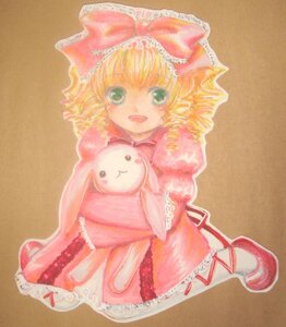 Rating: Safe Score: 0 Tags: 1girl blonde_hair bow brown_background dress drill_hair full_body green_eyes hair_bow hina_ichigo hinaichigo image long_sleeves looking_at_viewer pink_bow pink_dress solo stuffed_animal traditional_media User: admin