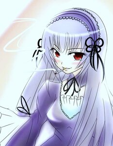 Rating: Safe Score: 0 Tags: 1girl black_ribbon black_wings blue_background blush detached_collar dress flower frills hairband image juliet_sleeves long_hair long_sleeves looking_at_viewer puffy_sleeves red_eyes ribbon silver_hair smile solo suigintou upper_body wings User: admin