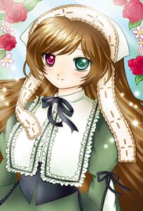 Rating: Safe Score: 0 Tags: 1girl black_ribbon blush brown_hair dress flower frills green_dress green_eyes hat heterochromia image long_hair long_sleeves looking_at_viewer pink_flower pink_rose red_flower red_rose ribbon rose smile solo suiseiseki User: admin