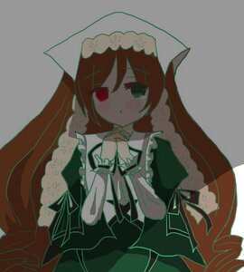 Rating: Safe Score: 0 Tags: 1girl apron bangs black_dress blush braid brown_hair dress eyebrows_visible_through_hair frills green_dress green_eyes grey_background hands_up head_scarf heterochromia image long_hair looking_at_viewer puffy_sleeves red_eyes short_sleeves simple_background solo suiseiseki twin_braids twintails very_long_hair white_apron User: admin