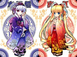 Rating: Safe Score: 0 Tags: 2girls blonde_hair blue_eyes drill_hair floral_print flower hair_ornament hairband image japanese_clothes kimono long_hair looking_at_viewer multiple_girls pair red_eyes shinku short_hair smile suigintou very_long_hair wide_sleeves User: admin
