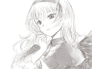 Rating: Safe Score: 0 Tags: 1girl blush choker closed_mouth dress eyebrows_visible_through_hair feathered_wings greyscale hairband image long_hair looking_at_viewer monochrome puffy_short_sleeves puffy_sleeves short_sleeves solo suigintou upper_body wings User: admin