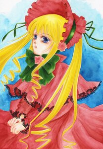 Rating: Safe Score: 0 Tags: 1girl blonde_hair blue_background blue_eyes bonnet bow bowtie capelet dress drill_hair flower green_bow image long_hair long_sleeves looking_at_viewer marker_(medium) pink_flower pink_rose red_dress rose shinku sidelocks solo traditional_media twintails User: admin