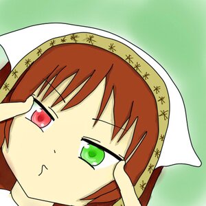 Rating: Safe Score: 0 Tags: 1girl blush green_background green_eyes head_scarf image looking_at_viewer red_eyes simple_background solo suiseiseki User: admin