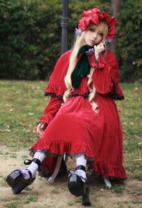 Rating: Safe Score: 0 Tags: 1girl auto_tagged blonde_hair blurry bonnet dress long_sleeves outdoors photo red_dress shinku shoes solo white_legwear User: admin
