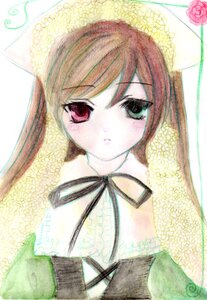 Rating: Safe Score: 0 Tags: 1girl black_ribbon bonnet flower green_eyes heterochromia image long_hair long_sleeves looking_at_viewer red_eyes ribbon rose simple_background solo suiseiseki upper_body white_background User: admin