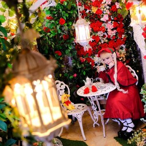 Rating: Safe Score: 0 Tags: 1girl blonde_hair blue_eyes blurry blurry_foreground bonnet chair depth_of_field dress flower food long_hair red_dress red_flower red_rose rose shinku sitting solo strawberry table teacup User: admin