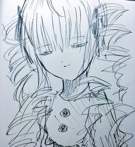 Rating: Safe Score: 0 Tags: 1girl bangs blush closed_mouth eyebrows_visible_through_hair hair_ribbon image long_hair looking_at_viewer monochrome ribbon shinku sketch smile solo traditional_media upper_body User: admin