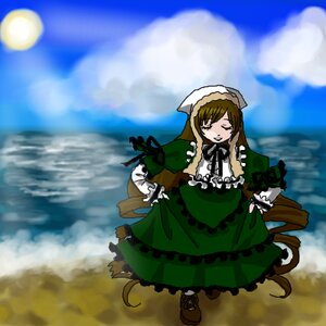 Rating: Safe Score: 0 Tags: 1girl apron brown_hair closed_eyes cloud day dress frills full_body full_moon green_dress head_scarf image long_hair long_sleeves moon outdoors sky solo standing suiseiseki sun very_long_hair water User: admin