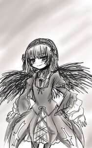 Rating: Safe Score: 0 Tags: 1girl closed_mouth cowboy_shot dress frills greyscale hairband image long_hair long_sleeves looking_at_viewer monochrome ribbon smile solo standing suigintou wide_sleeves wings User: admin