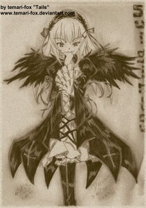 Rating: Safe Score: 0 Tags: 1girl dress frilled_sleeves frills hairband image long_hair long_sleeves looking_at_viewer monochrome rose solo suigintou traditional_media wings User: admin