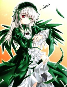 Rating: Safe Score: 0 Tags: 1girl detached_collar dress frills green_eyes hairband heterochromia image long_hair long_sleeves looking_at_viewer multiple plant red_eyes ribbon silver_hair smile solo standing suigintou tagme wings User: admin