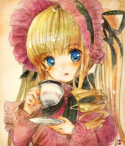 Rating: Safe Score: 0 Tags: 1girl blonde_hair blue_eyes bonnet bow cup dress drill_hair flower frills holding holding_cup image long_hair long_sleeves looking_at_viewer marker_(medium) pink_flower pink_rose rose saucer shinku solo tea teacup traditional_media twin_drills upper_body User: admin